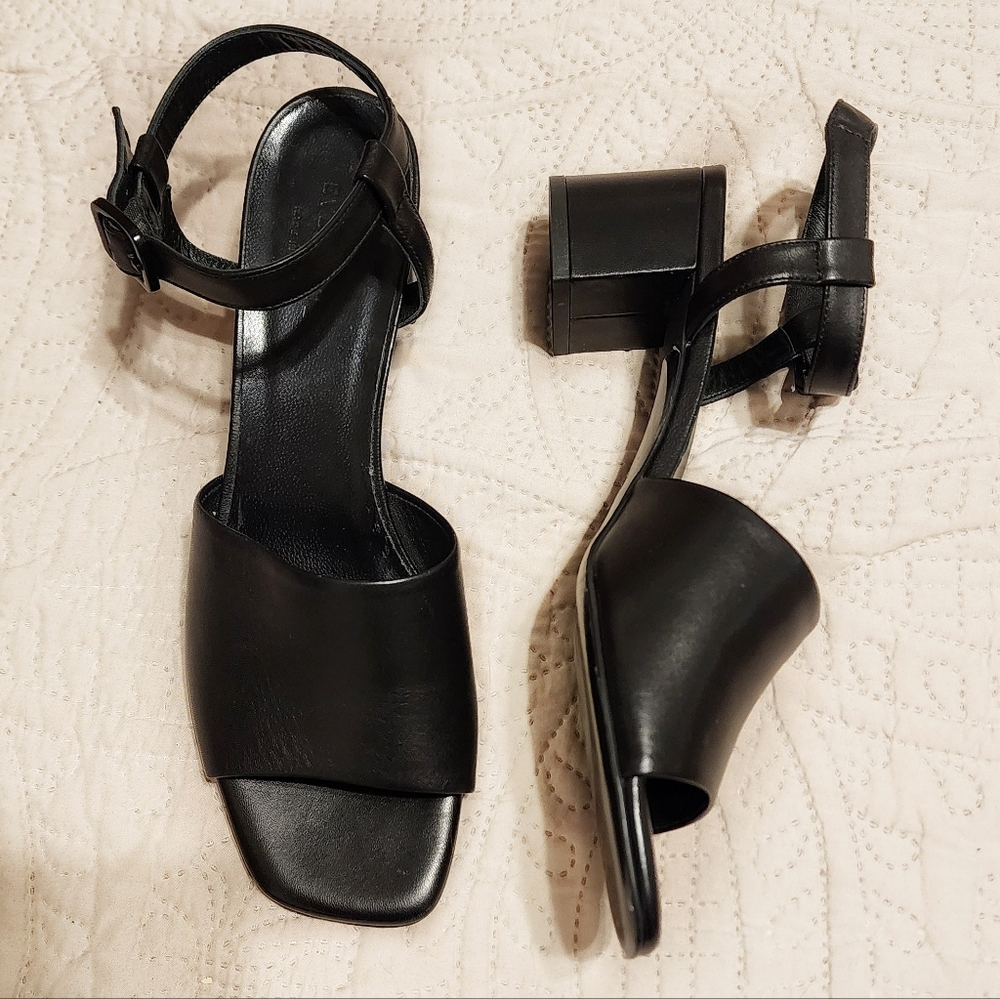 Everlane Black Leather Block Heel Sandals